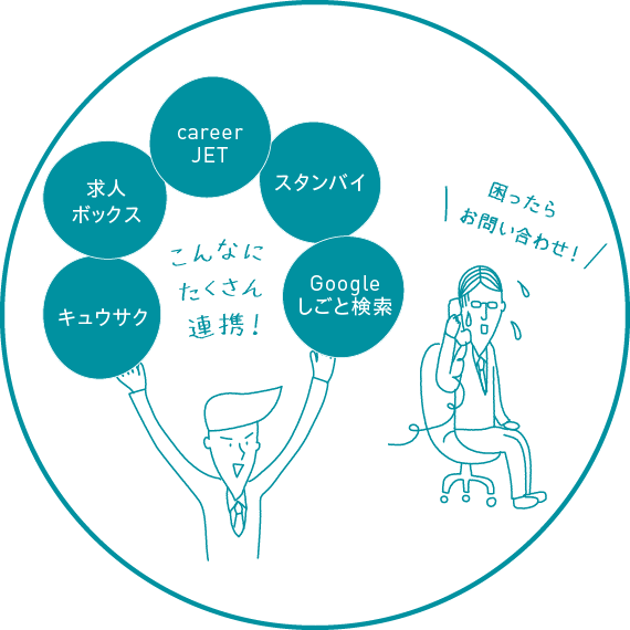 キュウサク 求人ボックス career JET スタンバイ Googleしごと検索 こんなにたくさん連携！